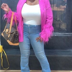 Vibrant Pink Feather-Trim Blazer